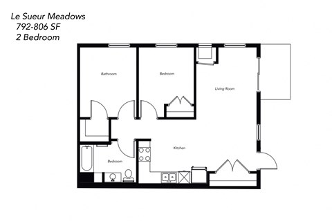 Floor plan for 2 beds, 1 bath, 833 sqft